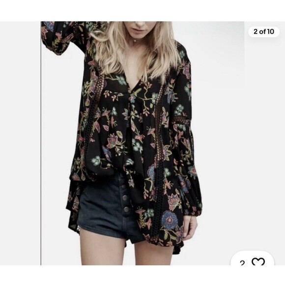 Free People Tunic Floral Flowy Dress Urban Boho Vivid Crotchet Blouse SP - Picture 11 of 11